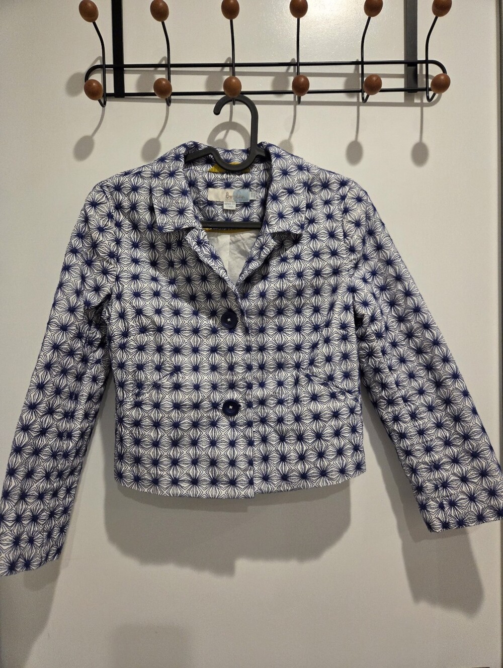 Boden Blue & White Geometric Cropped Blazer-style Jacket